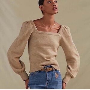 Anthropologie Square Neck Puff Long Sleeve Camel Sweater